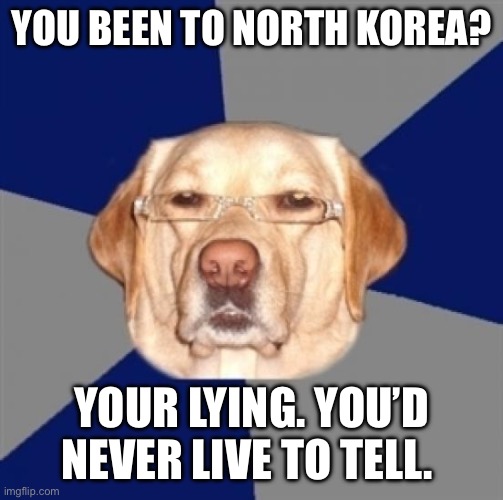 Highly unlikely that you would | YOU BEEN TO NORTH KOREA? YOUR LYING. YOU’D NEVER LIVE TO TELL. | image tagged in racist dog,north korea | made w/ Imgflip meme maker