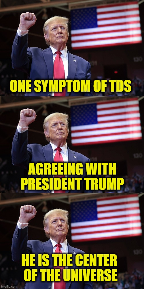 Admitting you have TDS is the first step | ONE SYMPTOM OF TDS; AGREEING WITH
PRESIDENT TRUMP; HE IS THE CENTER 
OF THE UNIVERSE | image tagged in tds | made w/ Imgflip meme maker