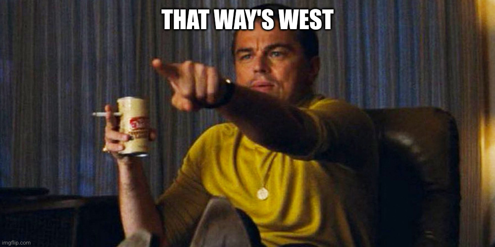 Leo pointing | THAT WAY'S WEST | image tagged in leo pointing | made w/ Imgflip meme maker