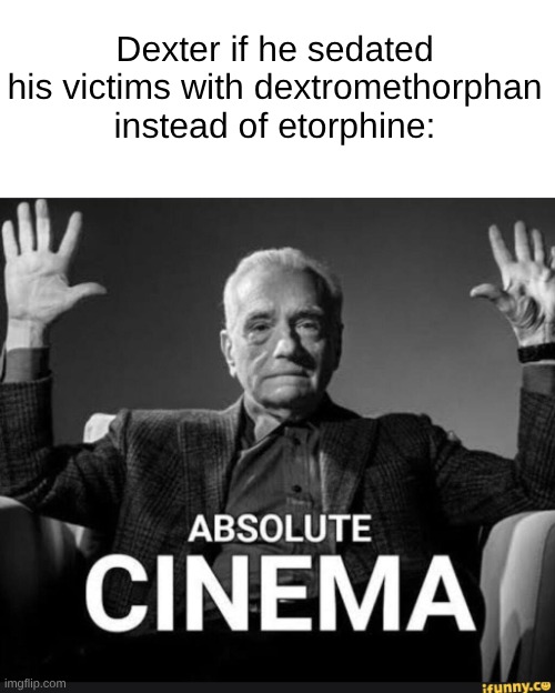 Absolute Cinema | Dexter if he sedated his victims with dextromethorphan instead of etorphine: | image tagged in absolute cinema | made w/ Imgflip meme maker