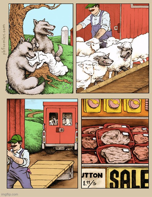 That backfired big time… | image tagged in comics,pbf,wolves in sheeps clothing,sheep,slaughter,plan backfired | made w/ Imgflip meme maker
