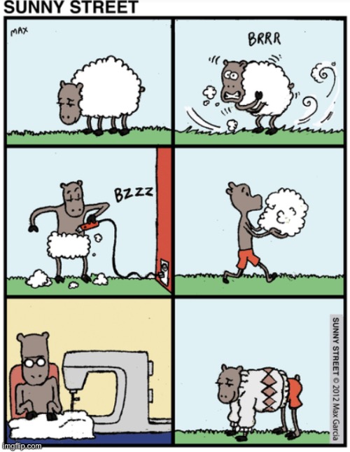 image tagged in comics,sunny street,sheep,cold,sweater | made w/ Imgflip meme maker