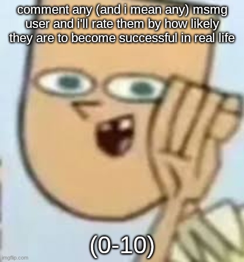 most mildésmallingtons tend to be under 3 | comment any (and i mean any) msmg user and i'll rate them by how likely they are to become successful in real life; (0-10) | image tagged in cody | made w/ Imgflip meme maker