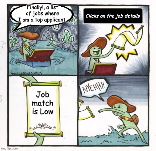 Job recommendation engine gone wrong | Finally!, a list of jobs where I am a top applicant. Clicks on the job details; Job match is Low | image tagged in memes,the scroll of truth | made w/ Imgflip meme maker