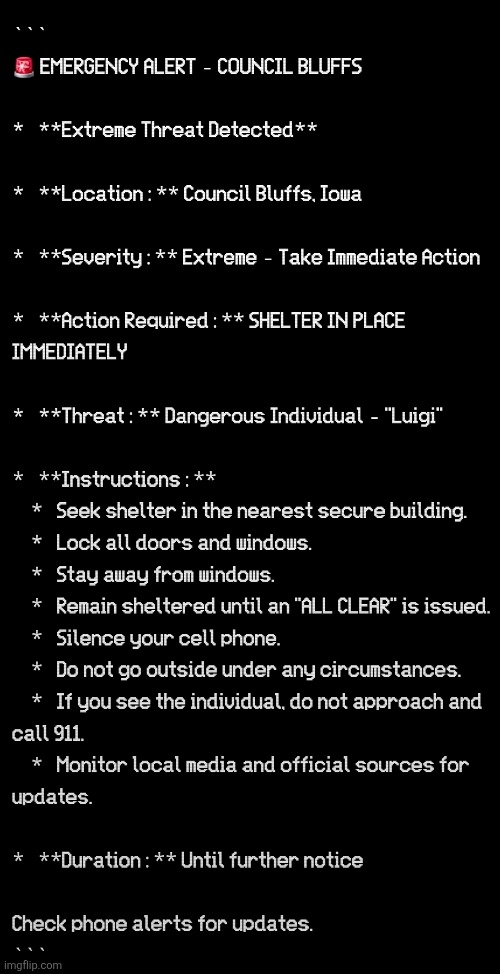 Luigi? | image tagged in emergency alert | made w/ Imgflip meme maker