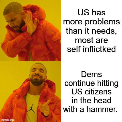 Stop ALL immigration for 10 years fix the mess of the 25 million DEMS let in illegally | US has more problems than it needs, most are self inflictked; Dems continue hitting US citizens in the head with a hammer. | image tagged in memes,drake hotline bling | made w/ Imgflip meme maker