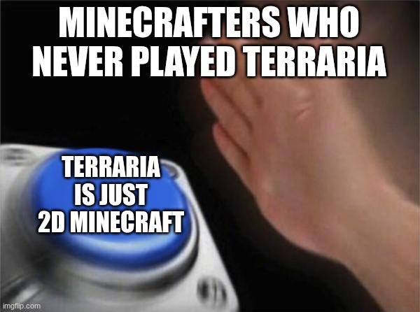 Blank Nut Button Meme | MINECRAFTERS WHO NEVER PLAYED TERRARIA; TERRARIA IS JUST 2D MINECRAFT | image tagged in memes,blank nut button | made w/ Imgflip meme maker