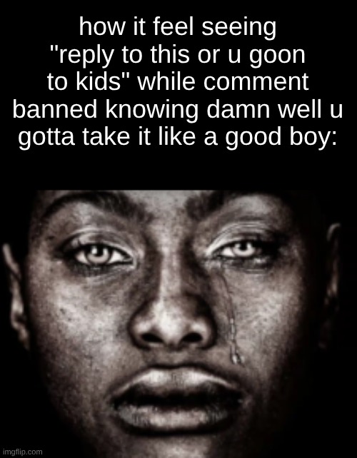 s | how it feel seeing "reply to this or u goon to kids" while comment banned knowing damn well u gotta take it like a good boy: | image tagged in crying black guy | made w/ Imgflip meme maker