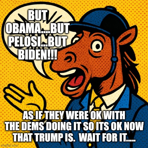 Horseman rambling about nonsense | BUT OBAMA....BUT PELOSI...BUT BIDEN!!! AS IF THEY WERE OK WITH THE DEMS DOING IT SO ITS OK NOW THAT TRUMP IS.  WAIT FOR IT..... | image tagged in horseman rambling about nonsense | made w/ Imgflip meme maker
