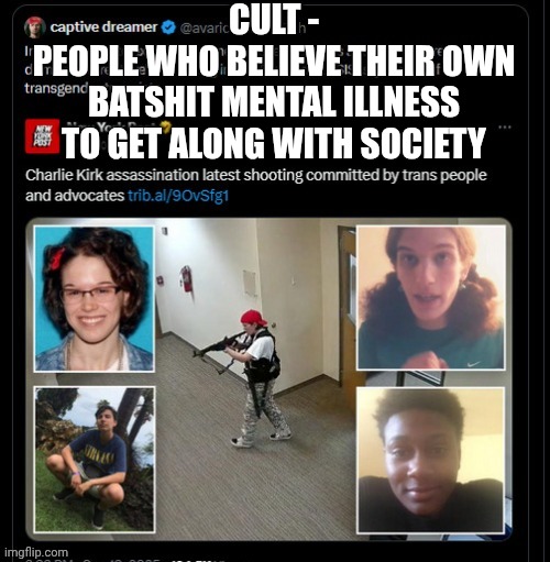CULT -
PEOPLE WHO BELIEVE THEIR OWN BATSHIT MENTAL ILLNESS TO GET ALONG WITH SOCIETY | made w/ Imgflip meme maker