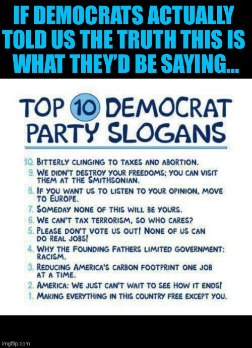 Just the tip of the iceberg… | IF DEMOCRATS ACTUALLY 
TOLD US THE TRUTH THIS IS 
WHAT THEY’D BE SAYING… | image tagged in real politics,democrat party,slogans,top ten,if they told the truth | made w/ Imgflip meme maker