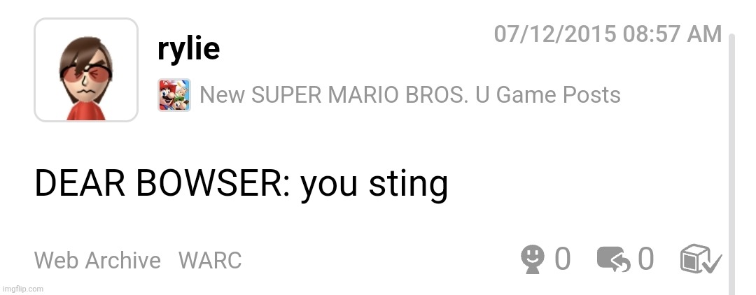 so i was looking on the miiverse archives for my old profile and i indeed did find it | made w/ Imgflip meme maker