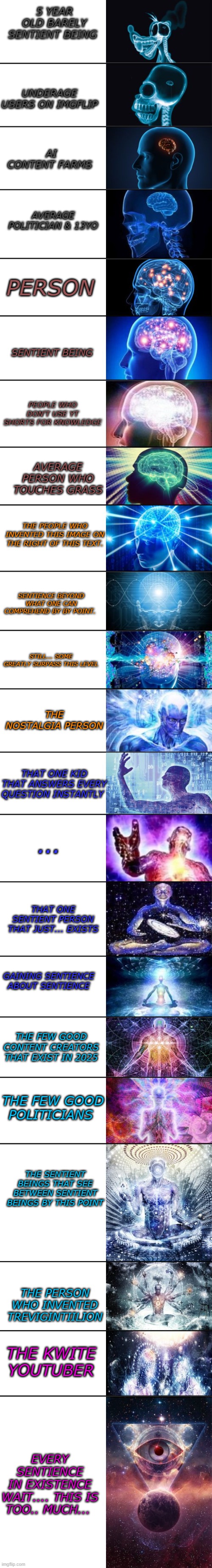22 Brain Template | 5 YEAR OLD BARELY SENTIENT BEING; UNDERAGE USERS ON IMGFLIP; AI CONTENT FARMS; AVERAGE POLITICIAN & 13YO; PERSON; SENTIENT BEING; PEOPLE WHO DON'T USE YT SHORTS FOR KNOWLEDGE; AVERAGE PERSON WHO TOUCHES GRASS; THE PEOPLE WHO INVENTED THIS IMAGE ON THE RIGHT OF THIS TEXT. SENTIENCE BEYOND WHAT ONE CAN COMPREHEND BY BY POINT. STILL... SOME GREATLY SURPASS THIS LEVEL; THE NOSTALGIA PERSON; THAT ONE KID THAT ANSWERS EVERY QUESTION INSTANTLY; ... THAT ONE SENTIENT PERSON THAT JUST... EXISTS; GAINING SENTIENCE ABOUT SENTIENCE; THE FEW GOOD CONTENT CREATORS THAT EXIST IN 2025; THE FEW GOOD POLITICIANS; THE SENTIENT BEINGS THAT SEE BETWEEN SENTIENT BEINGS BY THIS POINT; THE PERSON WHO INVENTED TREVIGINTIILION; THE KWITE YOUTUBER; EVERY SENTIENCE IN EXISTENCE

WAIT.... THIS IS TOO.. MUCH... | image tagged in 22 brain template | made w/ Imgflip meme maker