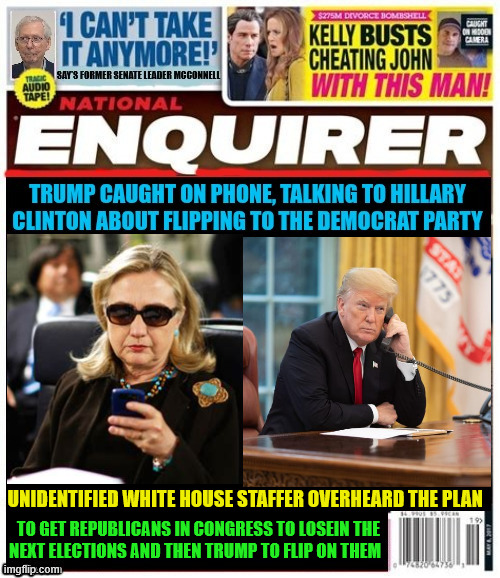 National Enquirer Trump turning on Republicans | UNIDENTIFIED WHITE HOUSE STAFFER OVERHEARD THE PLAN; TO GET REPUBLICANS IN CONGRESS TO LOSEIN THE 
NEXT ELECTIONS AND THEN TRUMP TO FLIP ON THEM | image tagged in national enquirer trump turning on republicans,hillary clinton,2025-2026 elections,maga misdirection,trojan trump,carpetbagger | made w/ Imgflip meme maker