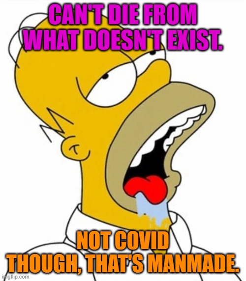 Homer slobber | CAN'T DIE FROM WHAT DOESN'T EXIST. NOT COVID THOUGH, THAT'S MANMADE. | image tagged in homer slobber | made w/ Imgflip meme maker
