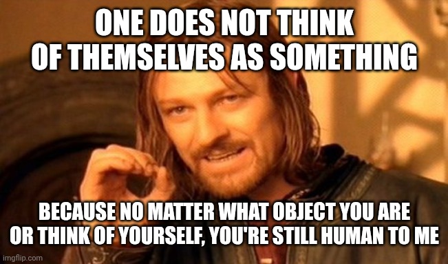 One Does Not Simply Meme | ONE DOES NOT THINK OF THEMSELVES AS SOMETHING BECAUSE NO MATTER WHAT OBJECT YOU ARE OR THINK OF YOURSELF, YOU'RE STILL HUMAN TO ME | image tagged in memes,one does not simply | made w/ Imgflip meme maker