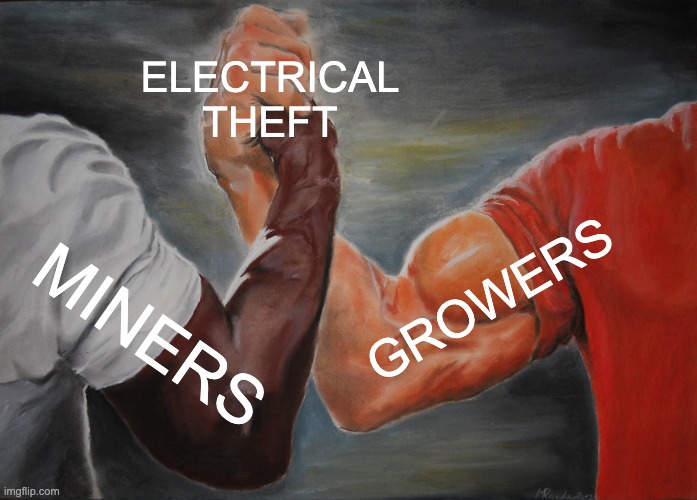 grow crypto | ELECTRICAL THEFT; GROWERS; MINERS | image tagged in memes,epic handshake | made w/ Imgflip meme maker