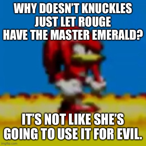We’re asking the important questions here. | WHY DOESN’T KNUCKLES JUST LET ROUGE HAVE THE MASTER EMERALD? IT’S NOT LIKE SHE’S GOING TO USE IT FOR EVIL. | image tagged in bruh knuckles | made w/ Imgflip meme maker