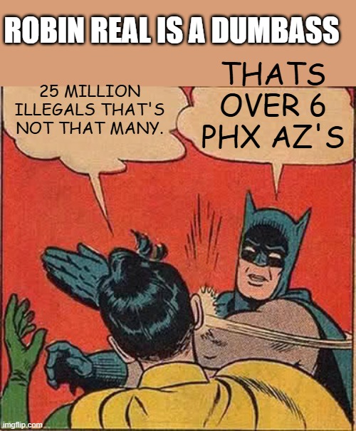 Batman Slapping Robin,again with a good reason. | ROBIN REAL IS A DUMBASS; THATS OVER 6 PHX AZ'S; 25 MILLION ILLEGALS THAT'S NOT THAT MANY. | image tagged in memes,batman slapping robin | made w/ Imgflip meme maker