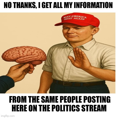 Love that maga disinformation | NO THANKS, I GET ALL MY INFORMATION; FROM THE SAME PEOPLE POSTING HERE ON THE POLITICS STREAM | image tagged in trump,maga,disinformation,no thanks | made w/ Imgflip meme maker