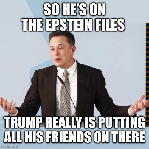 Both I guess | SO HE’S ON THE EPSTEIN FILES; TRUMP REALLY IS PUTTING ALL HIS FRIENDS ON THERE | image tagged in elon musk,trump,jeffrey epstein | made w/ Imgflip meme maker