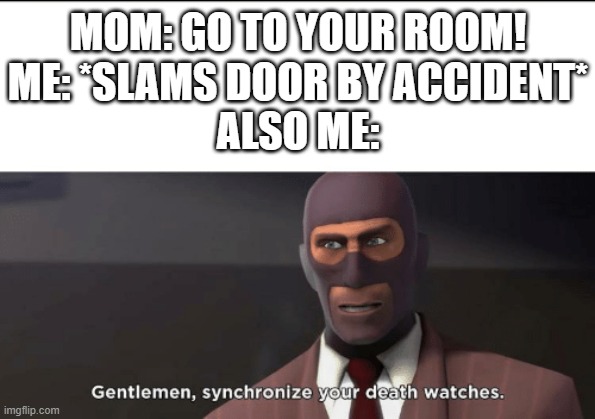 gentlemen, synchronize your death watches | MOM: GO TO YOUR ROOM!
ME: *SLAMS DOOR BY ACCIDENT*
ALSO ME: | image tagged in gentlemen synchronize your death watches | made w/ Imgflip meme maker
