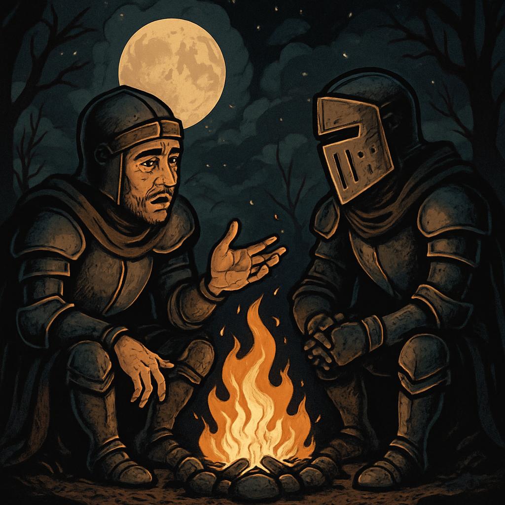 knight sitting around a bonfire at night talking to his bro in d Blank Meme Template