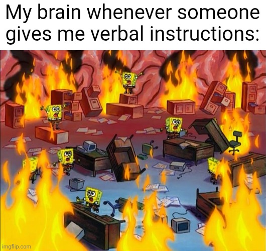 It gets overwhelming sometimes... | My brain whenever someone gives me verbal instructions: | image tagged in spongebob fire | made w/ Imgflip meme maker