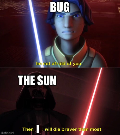 Im not afraid of you | BUG THE SUN I | image tagged in im not afraid of you | made w/ Imgflip meme maker