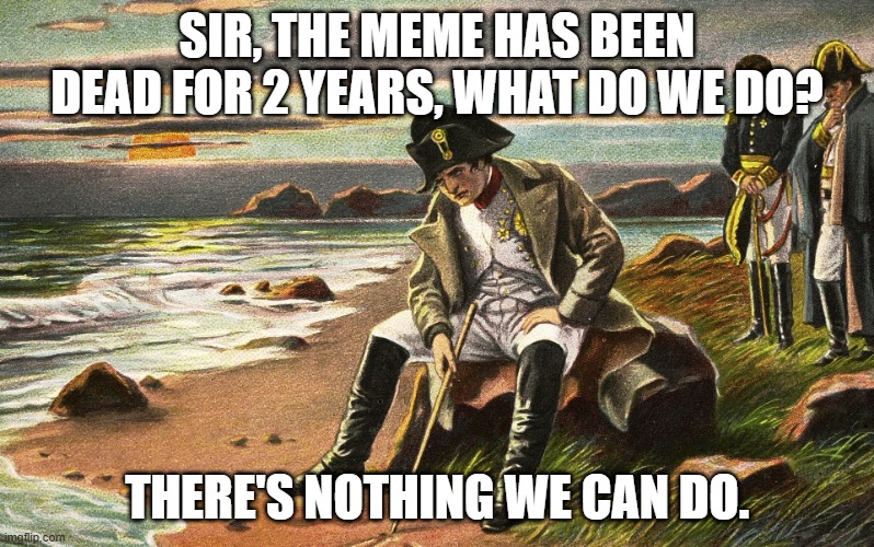 There's nothing we can do... | SIR, THE MEME HAS BEEN DEAD FOR 2 YEARS, WHAT DO WE DO? THERE'S NOTHING WE CAN DO. | image tagged in napoleon,shitpost,memes,fun,fuck this shit,old | made w/ Imgflip meme maker