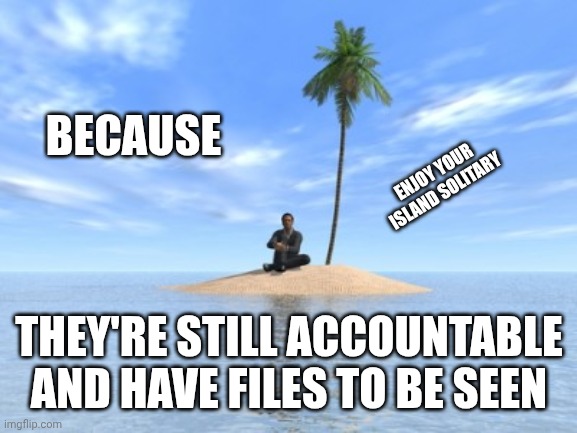 Desert island | BECAUSE THEY'RE STILL ACCOUNTABLE
AND HAVE FILES TO BE SEEN ENJOY YOUR ISLAND SOLITARY | image tagged in desert island | made w/ Imgflip meme maker