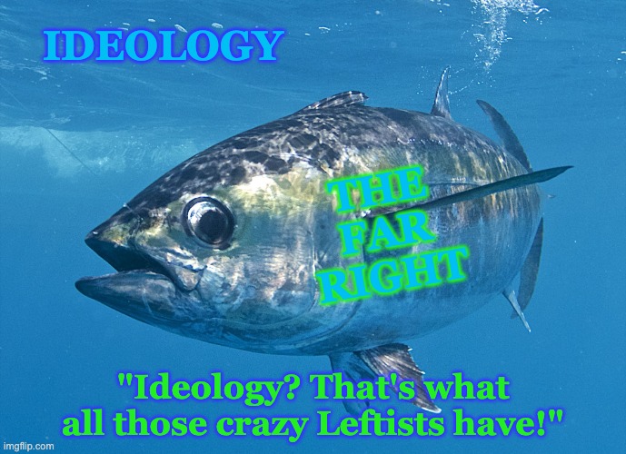Tuna fish | IDEOLOGY "Ideology? That's what all those crazy Leftists have!" THE
FAR
RIGHT | image tagged in tuna fish | made w/ Imgflip meme maker