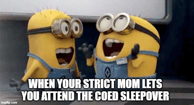 i wish | WHEN YOUR STRICT MOM LETS YOU ATTEND THE COED SLEEPOVER | image tagged in memes,excited minions | made w/ Imgflip meme maker