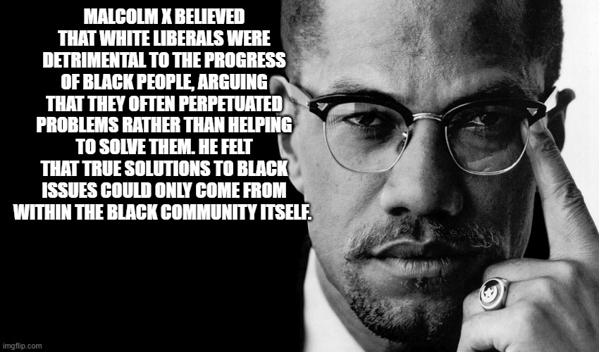 A great mind | MALCOLM X BELIEVED THAT WHITE LIBERALS WERE DETRIMENTAL TO THE PROGRESS OF BLACK PEOPLE, ARGUING THAT THEY OFTEN PERPETUATED PROBLEMS RATHER THAN HELPING TO SOLVE THEM. HE FELT THAT TRUE SOLUTIONS TO BLACK ISSUES COULD ONLY COME FROM WITHIN THE BLACK COMMUNITY ITSELF. | image tagged in stupid liberals,political meme,truth,donald trump approves | made w/ Imgflip meme maker