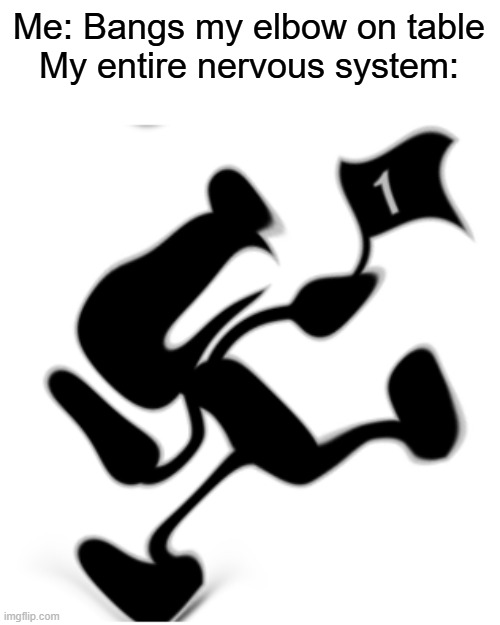 Mr. Game & *bangs elbow* *lgfdgdgffgmdfjrfglglglfggfgltglggltejgffrfrfr* | Me: Bangs my elbow on table
My entire nervous system: | image tagged in distorted mr game watch,mr game and watch,nervous system,pain | made w/ Imgflip meme maker