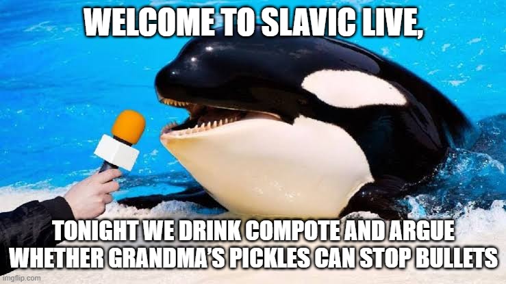 Orca talking into a microphone | WELCOME TO SLAVIC LIVE, TONIGHT WE DRINK COMPOTE AND ARGUE WHETHER GRANDMA’S PICKLES CAN STOP BULLETS | image tagged in orca talking into a microphone,slavic lives matter,black lives matter | made w/ Imgflip meme maker