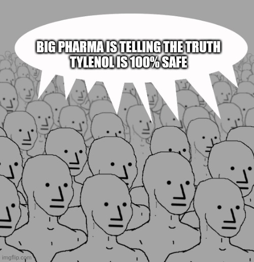 npc-crowd | BIG PHARMA IS TELLING THE TRUTH
TYLENOL IS 100% SAFE | image tagged in npc-crowd | made w/ Imgflip meme maker