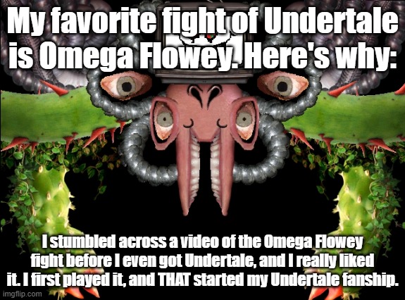 My Best Nightmare would've been fighting this guy. (see what I did there?) | My favorite fight of Undertale is Omega Flowey. Here's why:; I stumbled across a video of the Omega Flowey fight before I even got Undertale, and I really liked it. I first played it, and THAT started my Undertale fanship. | image tagged in omega flowey | made w/ Imgflip meme maker