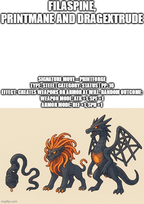 new fakemon | FILASPINE, PRINTMANE AND DRAGEXTRUDE; SIGNATURE MOVE – PRINTFORGE

TYPE: STEEL | CATEGORY: STATUS | PP: 10

EFFECT: CREATES WEAPONS OR ARMOR AT WILL. RANDOM OUTCOME:

WEAPON MODE: ATK +1, SPE +1

ARMOR MODE: DEF +1, SPD +1 | image tagged in pokemon,fakemon | made w/ Imgflip meme maker