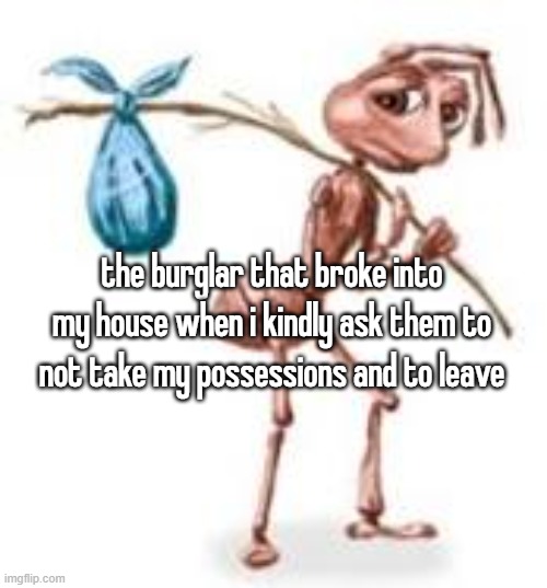 Sad ant with bindle | the burglar that broke into my house when i kindly ask them to not take my possessions and to leave | image tagged in sad ant with bindle | made w/ Imgflip meme maker
