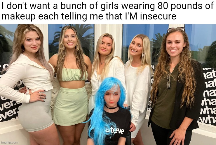 Hypocritical gender standards | I don't want a bunch of girls wearing 80 pounds of
makeup each telling me that I'M insecure | image tagged in memes,politics,whatever,gender politics | made w/ Imgflip meme maker