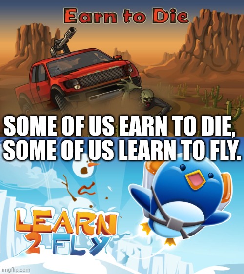 I don't see the difference. | SOME OF US EARN TO DIE, SOME OF US LEARN TO FLY. | image tagged in die,fly,earn,learn | made w/ Imgflip meme maker