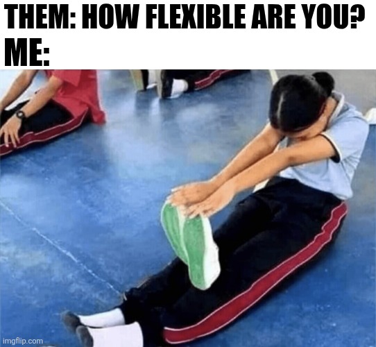 Them How Flexible Are You? Me: | ME:; THEM: HOW FLEXIBLE ARE YOU? | image tagged in chrisjoines1 | made w/ Imgflip meme maker