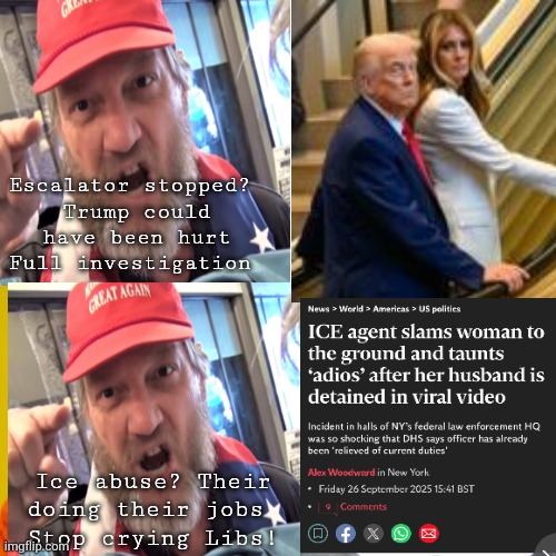 Escalator? Clutch your pearls maga. Ice abuse? We like it when ice cracks heads! | Escalator stopped? 
Trump could
 have been hurt 
Full investigation; Ice abuse? Their doing their jobs 
Stop crying Libs! | image tagged in trump snowflake,maga man love,maga does not care,all about them,ice abuse | made w/ Imgflip meme maker