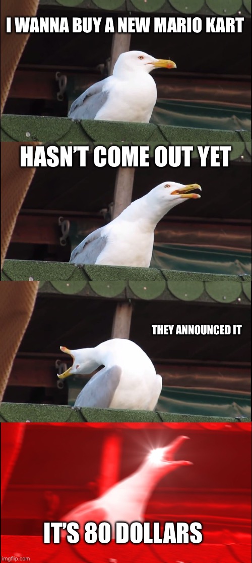Me with Mario kart | I WANNA BUY A NEW MARIO KART; HASN’T COME OUT YET; THEY ANNOUNCED IT; IT’S 80 DOLLARS | image tagged in memes,inhaling seagull | made w/ Imgflip meme maker