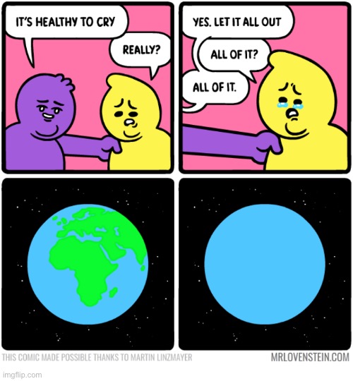 Mr. Lovenstein | image tagged in comics,mr lovenstein,cry,let it all out,earth,flooding | made w/ Imgflip meme maker