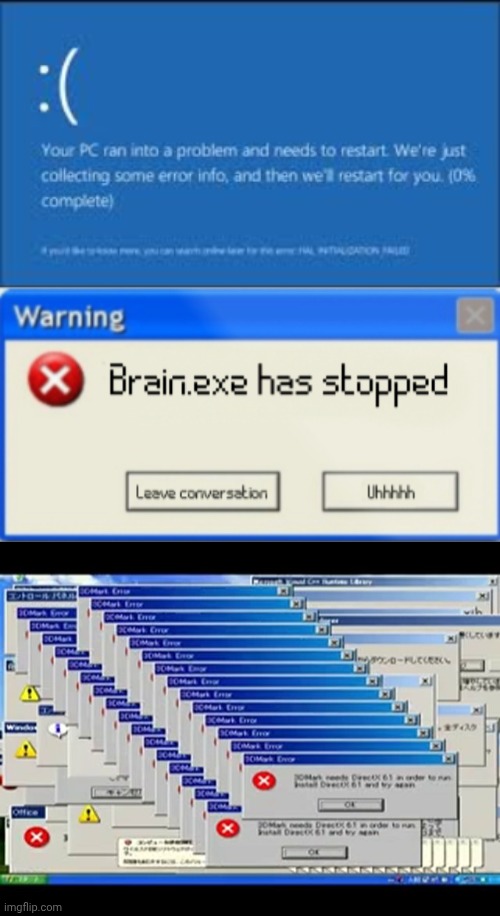 image tagged in computer crash,brain exe has stopped,windows errors | made w/ Imgflip meme maker