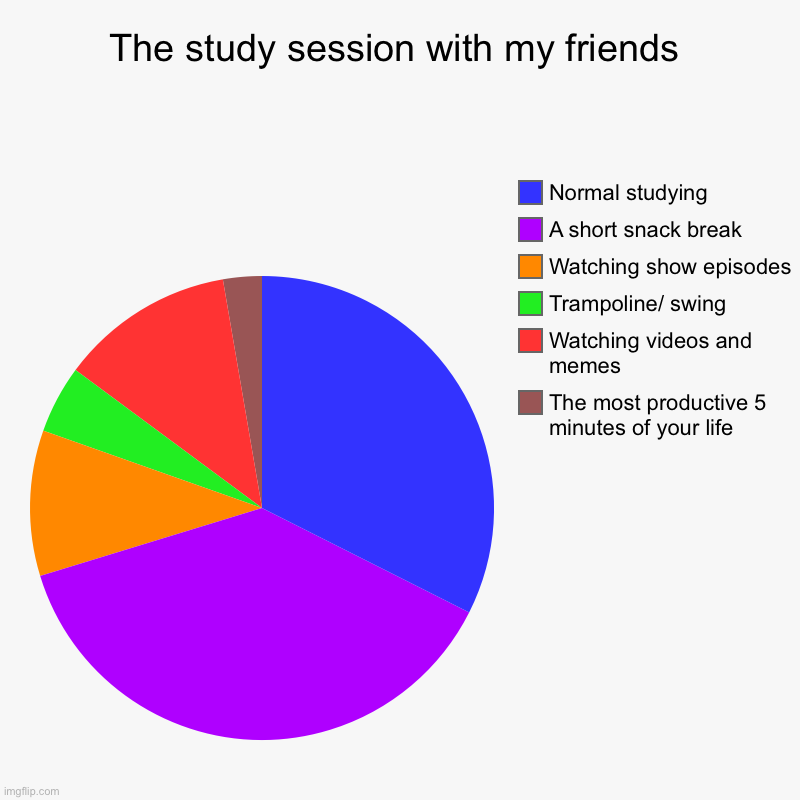 It do be like that | The study session with my friends | The most productive 5 minutes of your life , Watching videos and memes, Trampoline/ swing, Watching show | image tagged in charts,pie charts | made w/ Imgflip chart maker