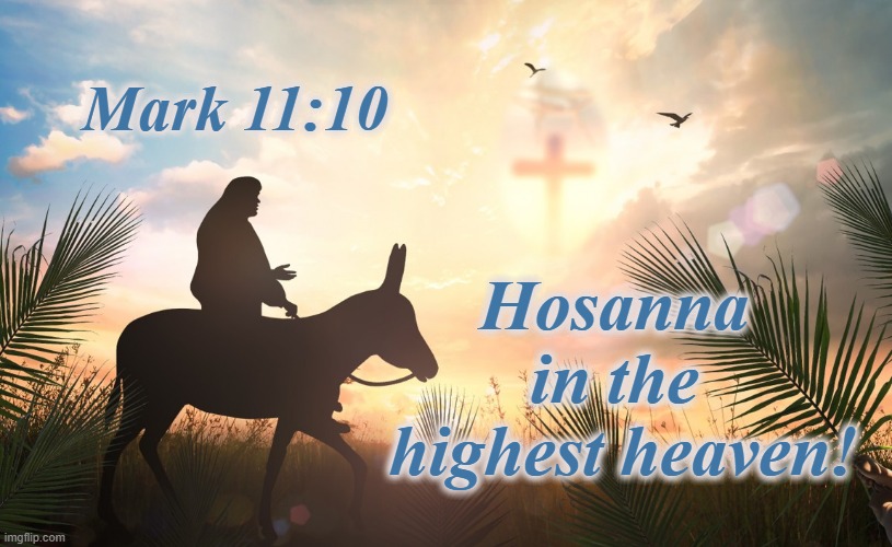 Mark 11:10 | Mark 11:10; Hosanna 
in the 
highest heaven! | image tagged in hosanna,jesus,donkey,triumphal entry,jerusalem,palm sunday | made w/ Imgflip meme maker