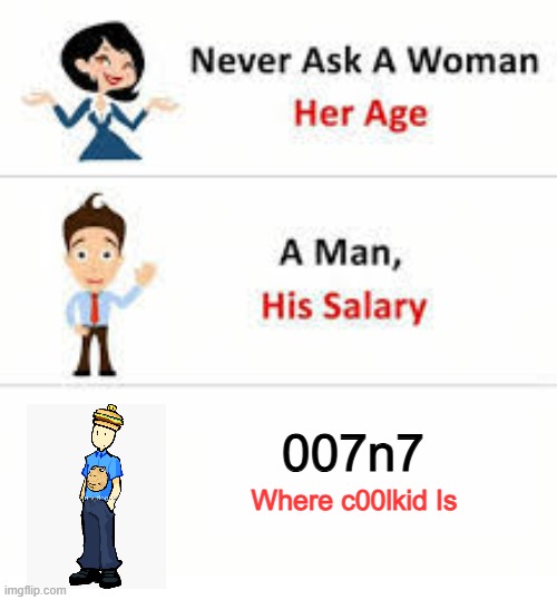 Where Is c00lkidd? | 007n7; Where c00lkid Is | image tagged in never ask a woman her age | made w/ Imgflip meme maker